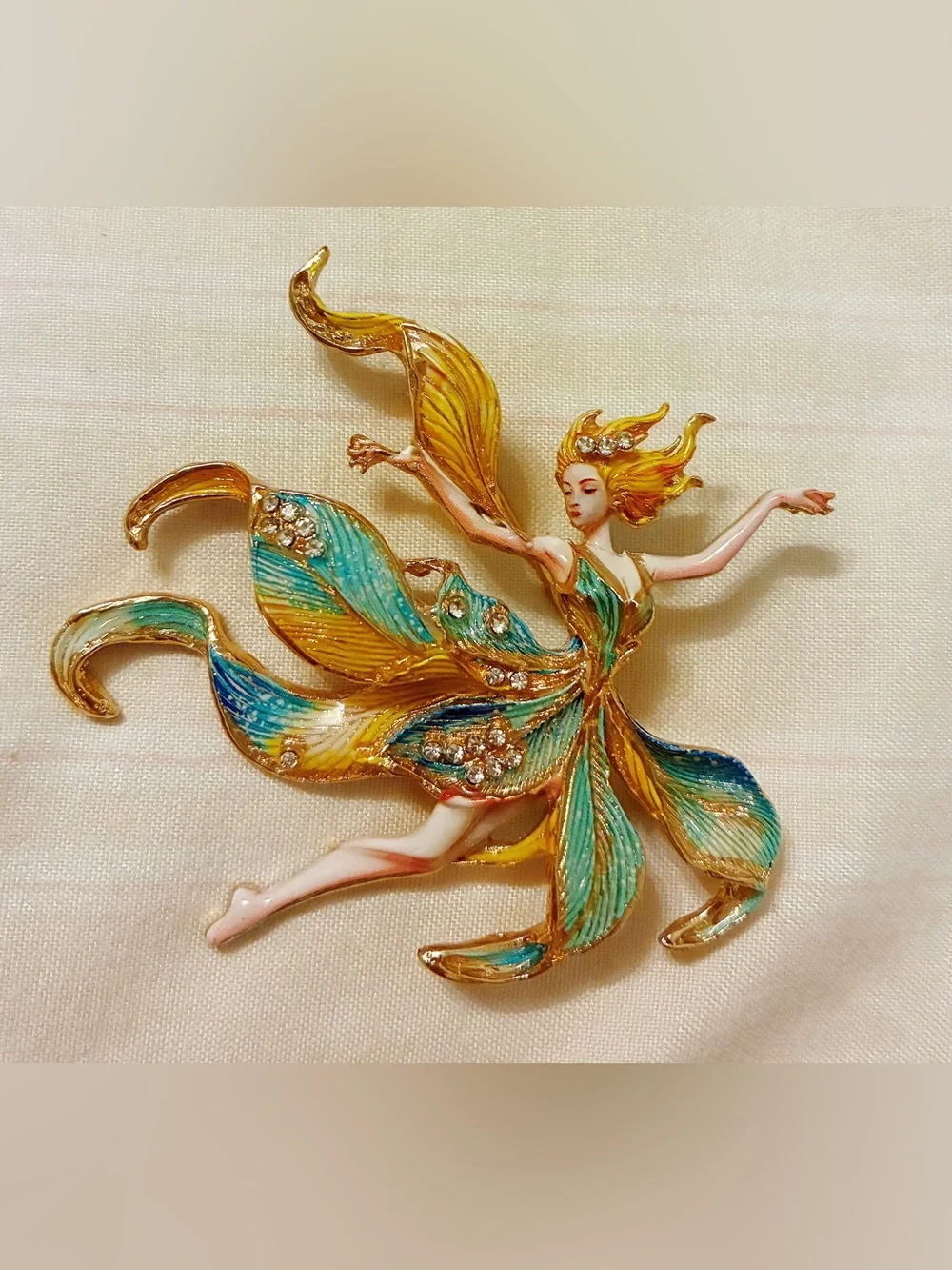 Fairy Brooch Pin Enamel Rhinestone Gold Tone Fantasy Angel Jewelry